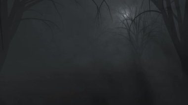 Rüzgarda sallanan ağaçlar sisli bir ormanda