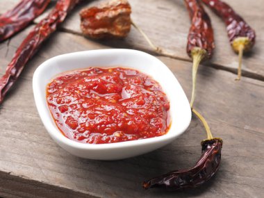 Kırsal ahşap mutfak masasında beyaz bir kasede acı biber sosu, dekorasyon olarak kurutulmuş kırmızı biber.