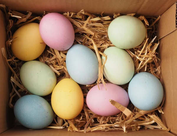 With natural dyes self-dyed organic eggs in a straw nest, holiday or healthy food concept