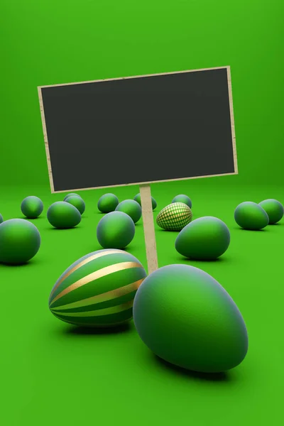 Many Green Easter Eggs Golden Egg Green Background Modern Easter — Stock Photo, Image