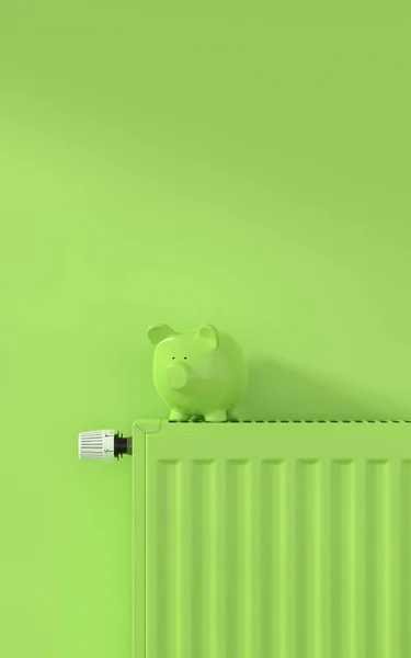 Green Radiator Green Room Saving Energy Concept Green Piggy Bank — Stock Photo, Image