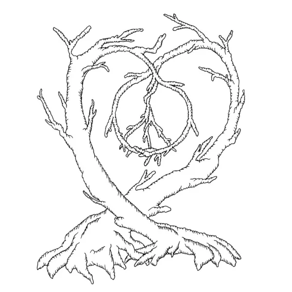 Two Old Trees Together Form Heart Peace Symbol Line Drawing — Stock Vector