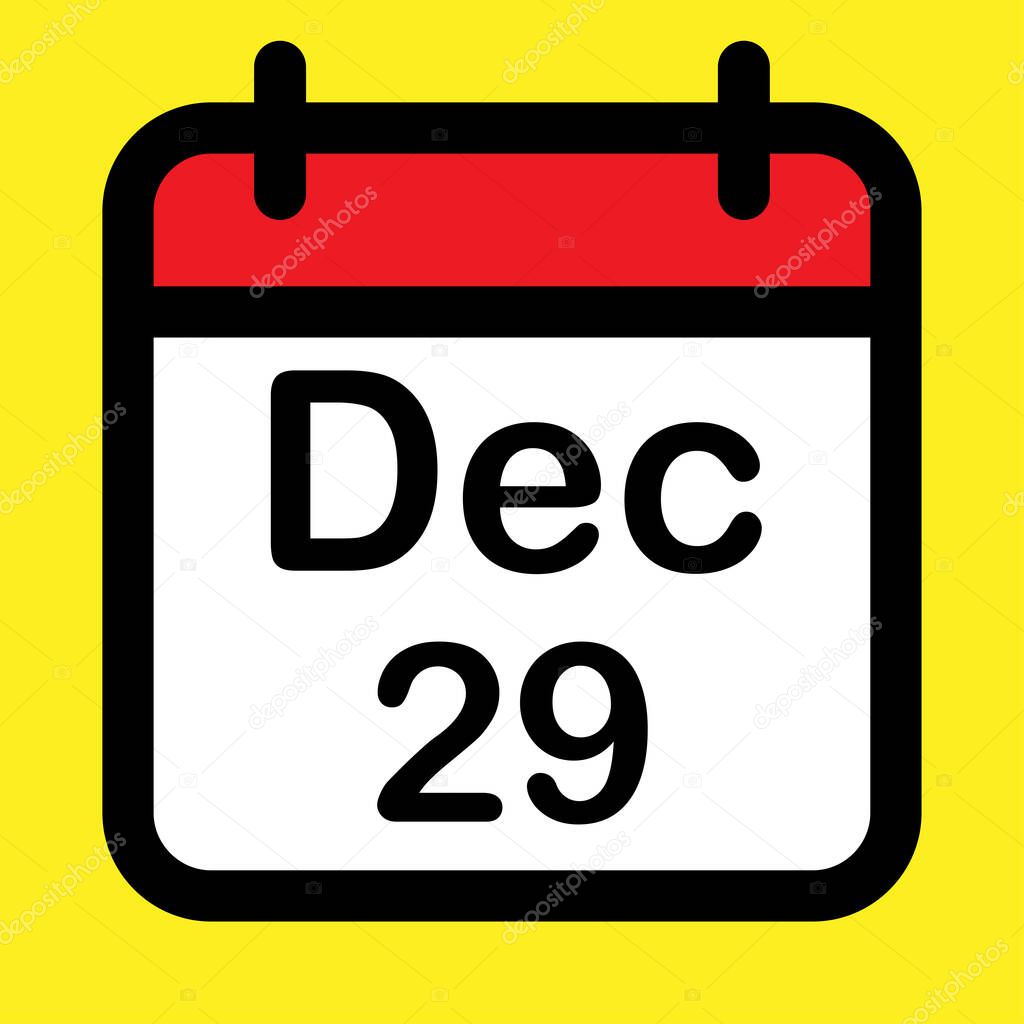 Calendar icon twenty ninth December, vector illustration