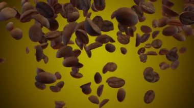 Sarı arkaplan üzerine kahve çekirdekleri sıçrıyor. Vignette, yavaş çekim, yemek konsepti, 3 boyutlu animasyon.