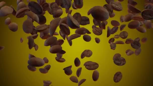 Sarı Arkaplan Üzerine Kahve Çekirdekleri Sıçrıyor Vignette Yavaş Çekim Yemek — Stok video