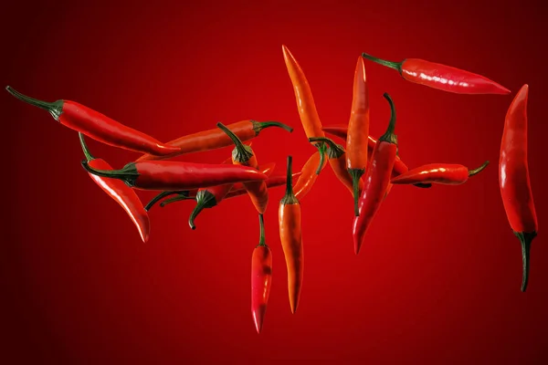 Many Red Chili Peppers Red Gradient Background Spicy Food Ingredients — стоковое фото
