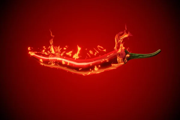 Red chili pepper with fire against a red gradient background, 3d rendering