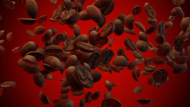 Jumping Coffee Beans Red Gradient Background Tasty Coffee Concept Animation — Stock Video