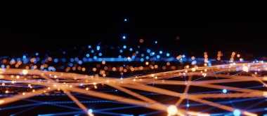 Mavi ve turuncu aydınlatma şebekesi şablonu, internet işi için iletişim teknolojisi. Küresel dünya ağı ve telekomünikasyon konsepti, 3D görüntüleme