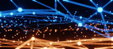 Mavi ve turuncu aydınlatma şebekesi şablonu, internet işi için iletişim teknolojisi. Küresel dünya ağı ve telekomünikasyon konsepti, 3D görüntüleme