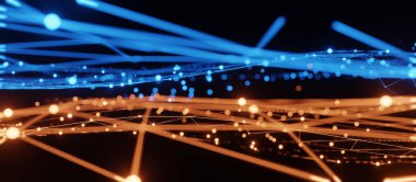 Mavi ve turuncu aydınlatma şebekesi şablonu, internet işi için iletişim teknolojisi. Küresel dünya ağı ve telekomünikasyon konsepti, 3D görüntüleme