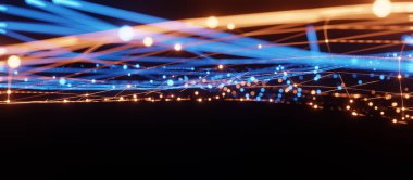 Mavi ve turuncu aydınlatma şebekesi şablonu, internet işi için iletişim teknolojisi. Küresel dünya ağı ve telekomünikasyon konsepti, 3D görüntüleme