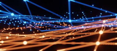 Mavi ve turuncu aydınlatma şebekesi şablonu, internet işi için iletişim teknolojisi. Küresel dünya ağı ve telekomünikasyon konsepti, 3D görüntüleme