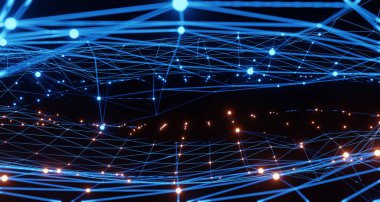 Mavi ve turuncu aydınlatma şebekesi şablonu, internet işi için iletişim teknolojisi. Küresel dünya ağı ve telekomünikasyon konsepti, 3D görüntüleme