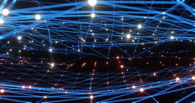 Mavi ve turuncu aydınlatma şebekesi şablonu, internet işi için iletişim teknolojisi. Küresel dünya ağı ve telekomünikasyon konsepti, 3D görüntüleme