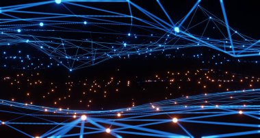 Mavi ve turuncu aydınlatma şebekesi şablonu, internet işi için iletişim teknolojisi. Küresel dünya ağı ve telekomünikasyon konsepti, 3D görüntüleme