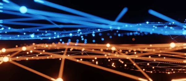 Mavi ve turuncu aydınlatma şebekesi şablonu, internet işi için iletişim teknolojisi. Küresel dünya ağı ve telekomünikasyon konsepti, 3D görüntüleme