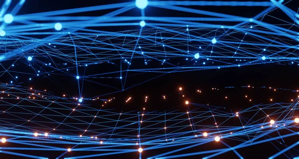 Mavi ve turuncu aydınlatma şebekesi şablonu, internet işi için iletişim teknolojisi. Küresel dünya ağı ve telekomünikasyon konsepti, 3D görüntüleme