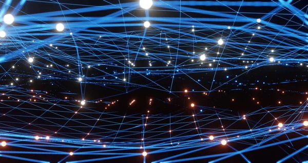 Mavi ve turuncu aydınlatma şebekesi şablonu, internet işi için iletişim teknolojisi. Küresel dünya ağı ve telekomünikasyon konsepti, 3D görüntüleme