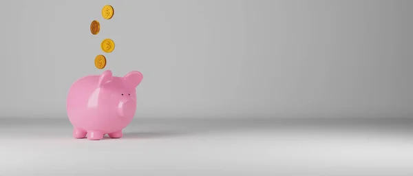 Fallende Münzen Mit Einem Rosa Sparschwein Auf Einer Grauen Wand — Stockfoto