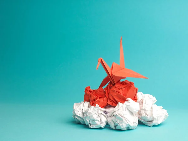 New Ideas Transformation Concept Crumpled Paper Balls Crane Teamwork Creativity — Stock Fotó