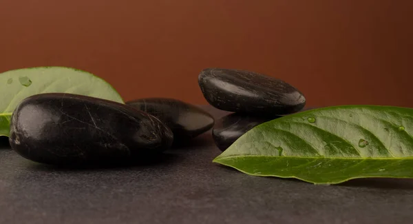 Massage Stones Leaves Dark Stone Table Spa Background — Stock Photo, Image