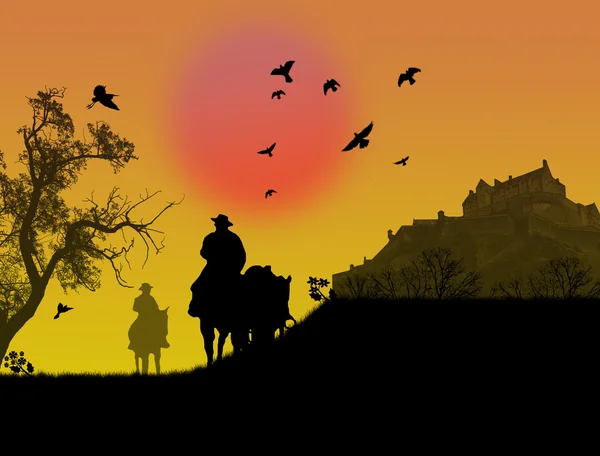 Dos vaqueros silueta contra una puesta de sol — Vector de stock