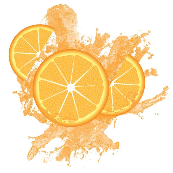 Rebanadas de naranja y salpicaduras de jugo — Vector de stock