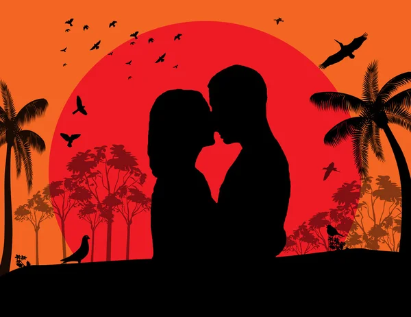 Couple kissing at red sunset on the park — Stock Vector