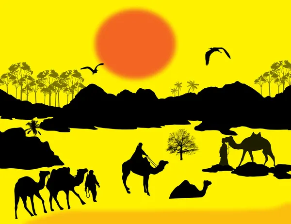 在撒哈拉沙漠中的骆驼商队 — 图库矢量图片