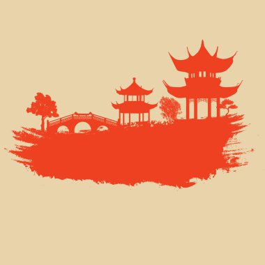 Old paper with asian landscape clipart