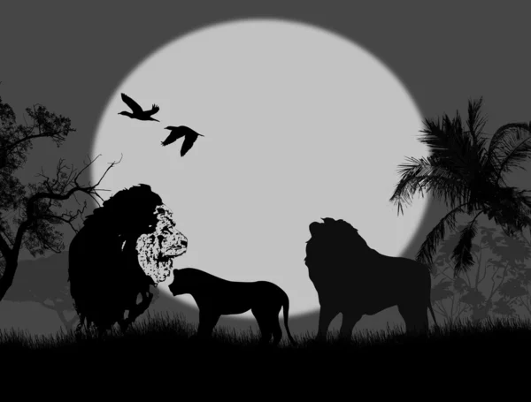 Safari de familia de leones por la noche — Vector de stock