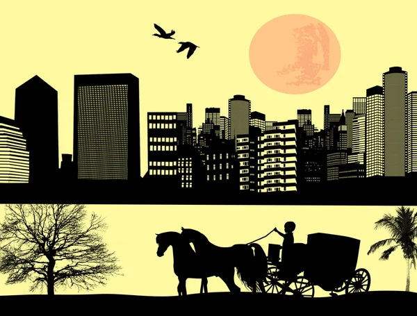 Två häst dragen vagn vid staden landskap — Stock vektor