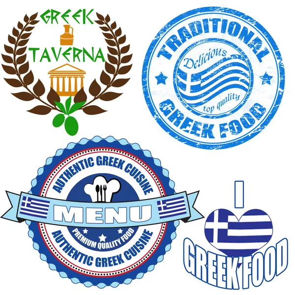 Zestaw autentyczne greckie żywności znaczek i etykiety — Wektor stockowy
