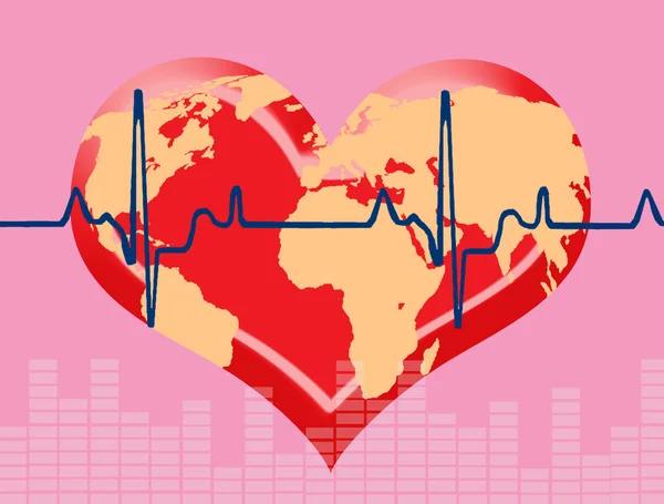 Cuore e battito cardiaco simbolo con mappa del mondo — Vettoriale Stock