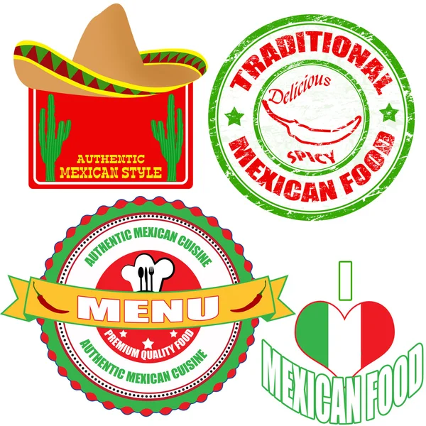 Set de auténticos sellos y etiquetas de comida mexicana — Vector de stock