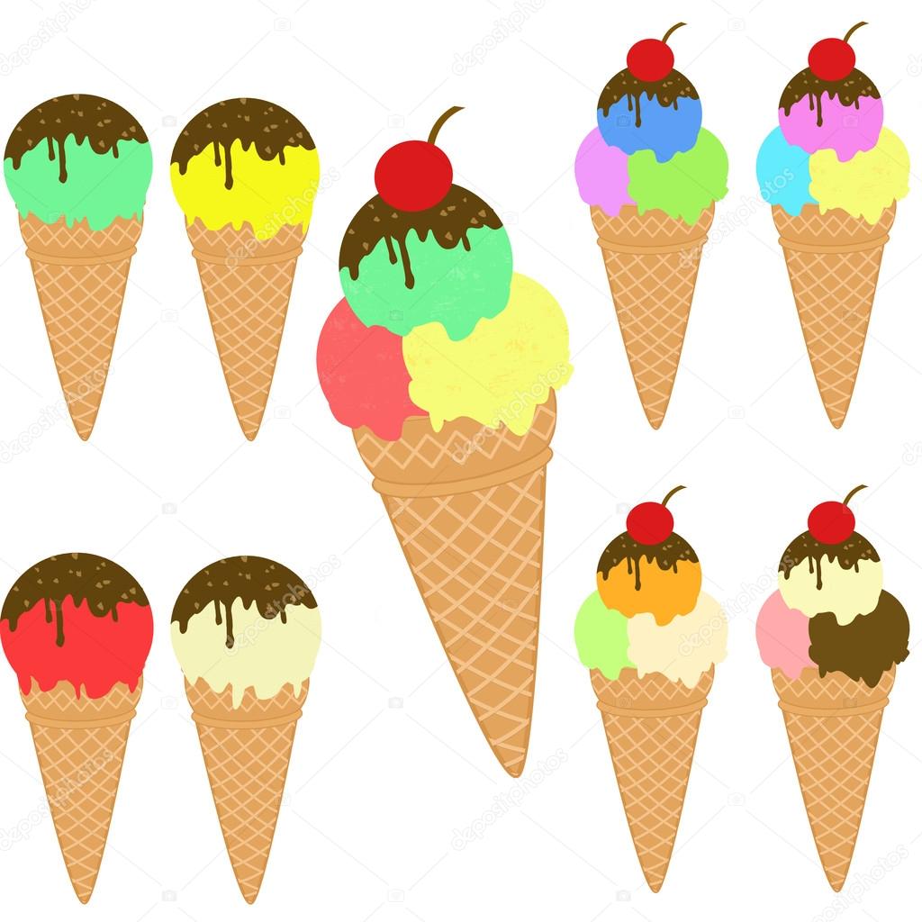 Set of various cone ice creams