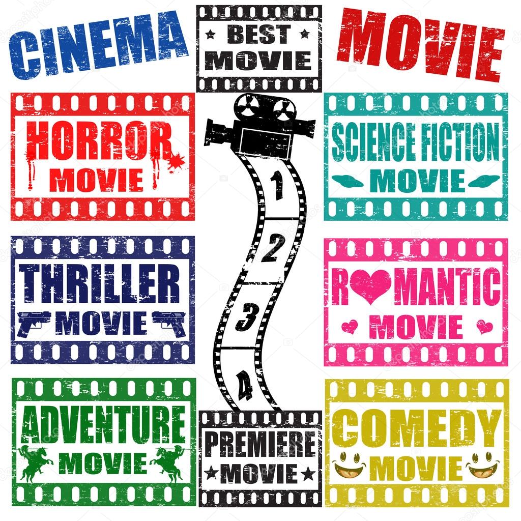 Set of movie genres grunge stamps on white, vector illustration