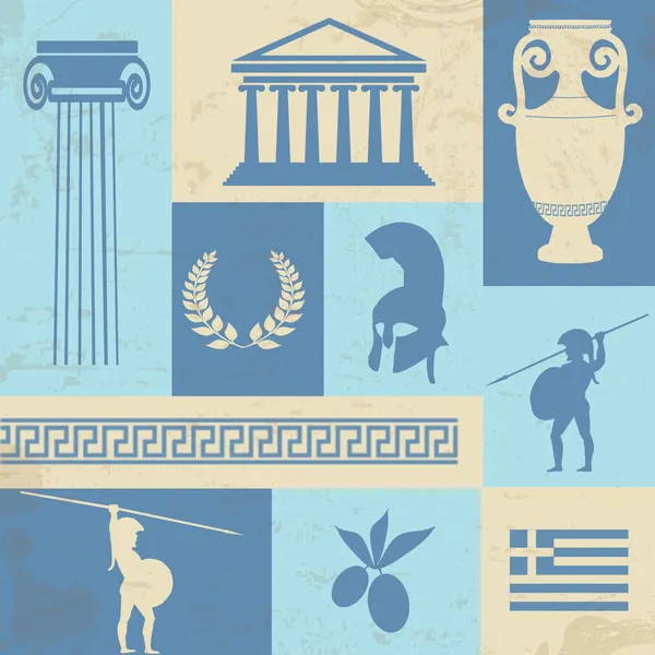 Greece symbols and landmarks on retro poster — Stock Vector