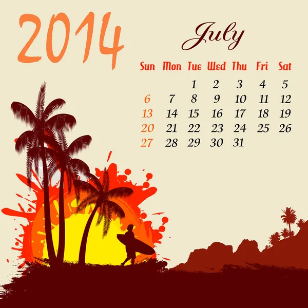 Calendar 2014 iulie — Vector de stoc