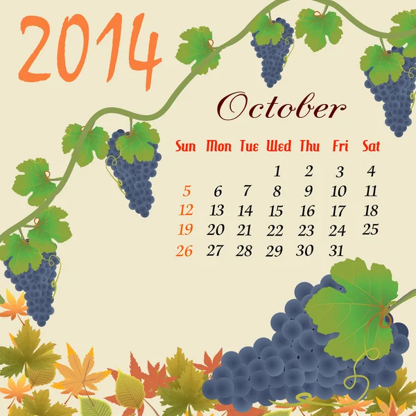 Calendar for 2014 October — Stock Vector