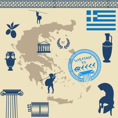 Greek symbols on the Greece map clipart