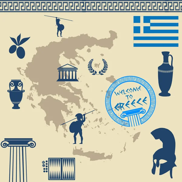 Símbolos griegos en el mapa de Grecia — Vector de stock