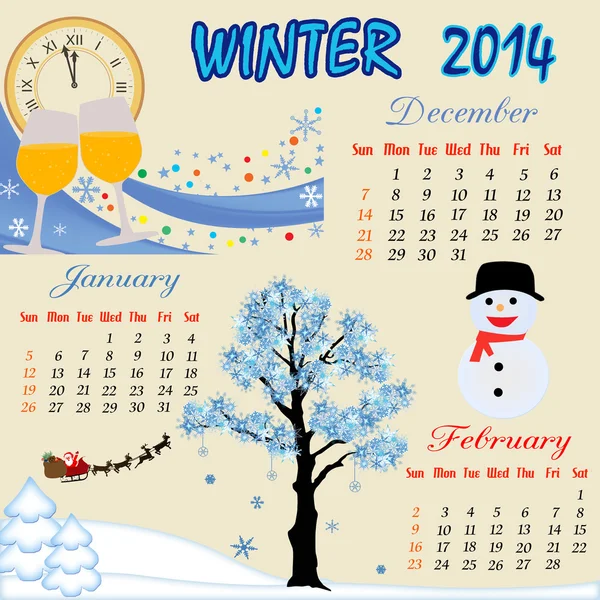 Calendario invernale 2014 — Vettoriale Stock