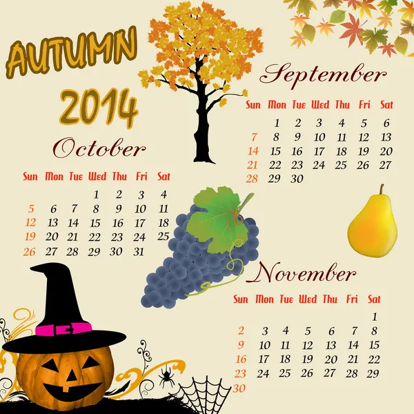Calendrier d'automne 2014 — Image vectorielle