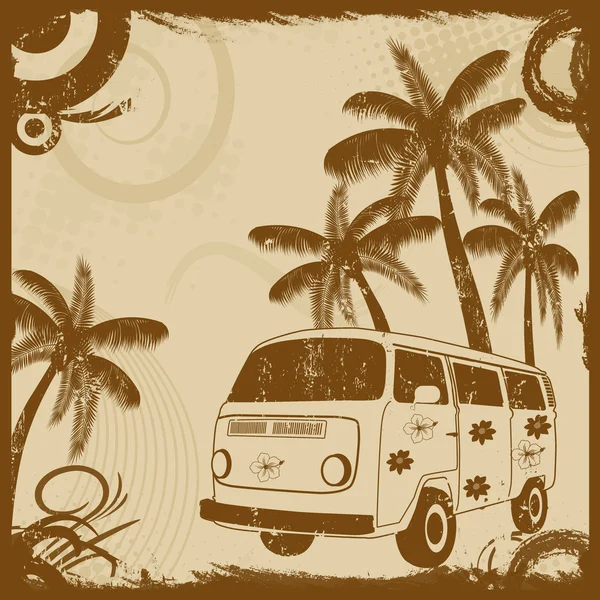 Vintage flyer with old fashion bus and palms — Stock Vector