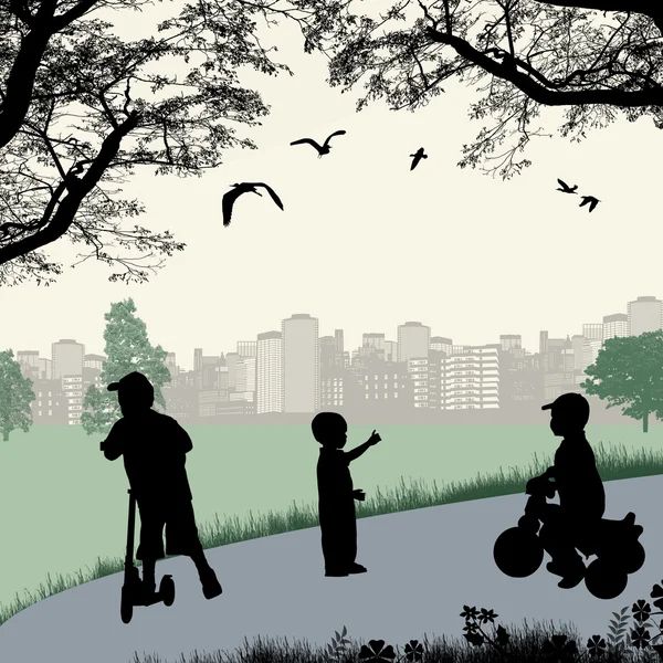 Niños jugando en un parque de la ciudad — Vector de stock