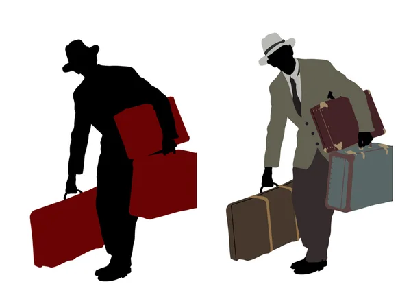 Two silhouette of a traveler with suitcases — Stock Vector