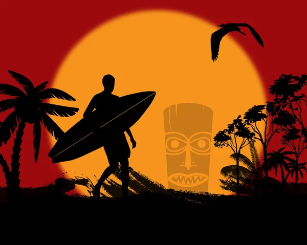 Surfer silhouet op tropische landschap — Stockvector