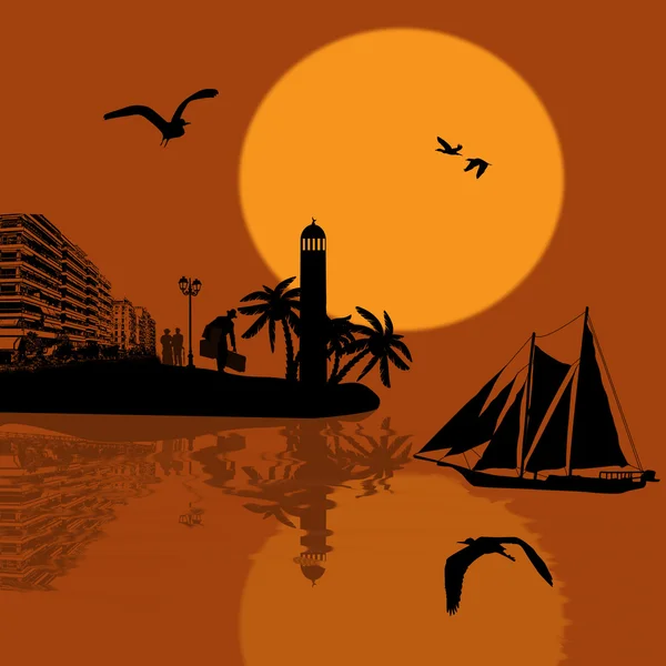 Antiguo barco al atardecer — Vector de stock